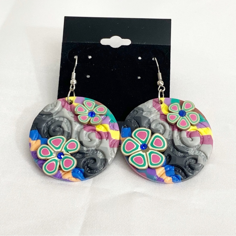 Hand formed stamped clay fun retro festival earrings multicolor silvertone wires